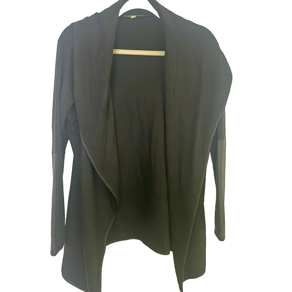 Gianni Bini Black Draped Open Front Lagenlook Cardigan Faux Leather Sleeve XS